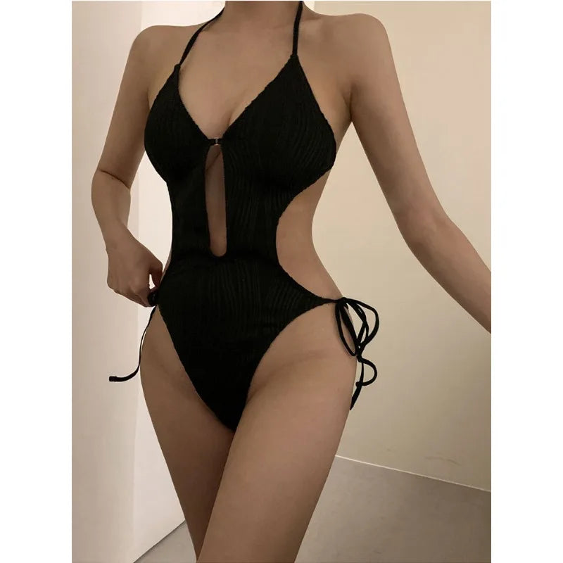 Korean Style One Piece Swimsuit Women Black Swimwear Padded Bathing Suit Monokini Tie Side Beachwear Bodysuit Slimming Suits