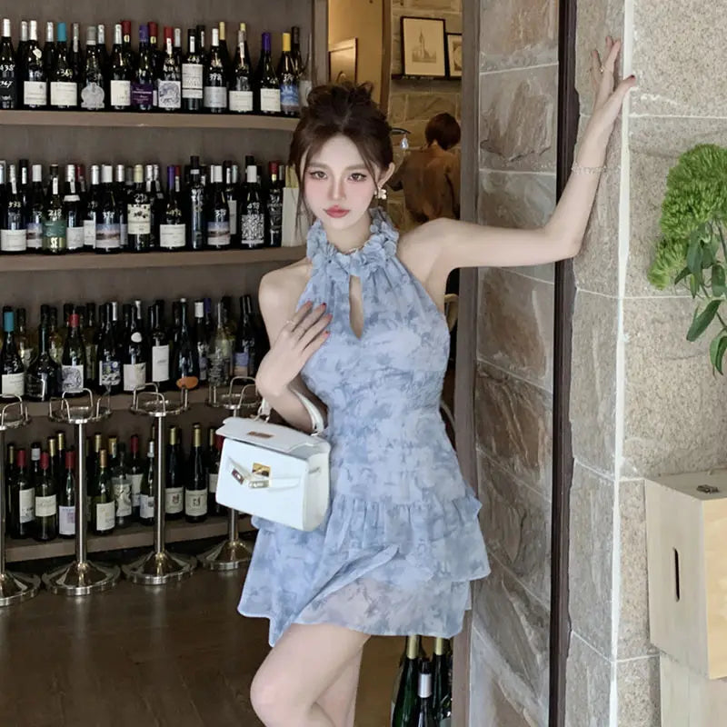 Ezgaga Sexy Two Piece Sets Women Tank Tops Ruffles Hollow Out Shirts Sweet Mini Skirts Spring Summer Vintage Suits Casual