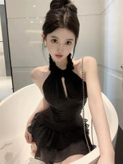 Ezgaga Sexy Two Piece Sets Women Tank Tops Ruffles Hollow Out Shirts Sweet Mini Skirts Spring Summer Vintage Suits Casual