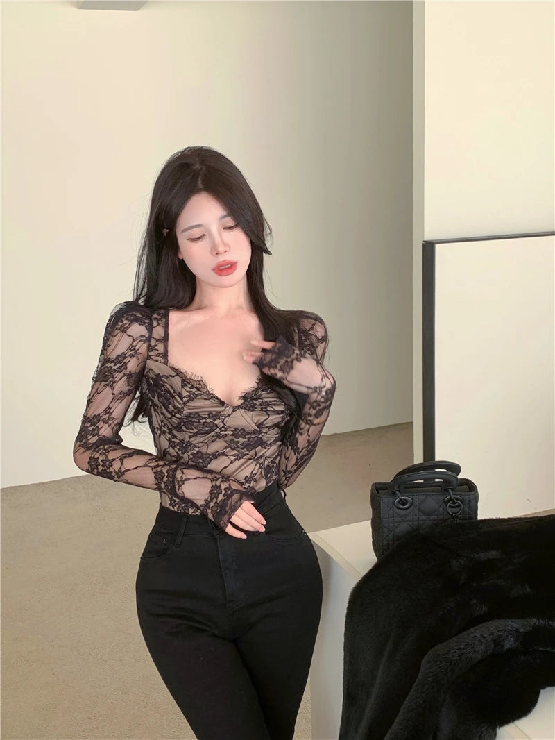 Onalippa Pure Desire Style Lace Shirts for Women Low V Neck Long Sleeves Bottoming Tops Korean Fashion Black Embroidery Top