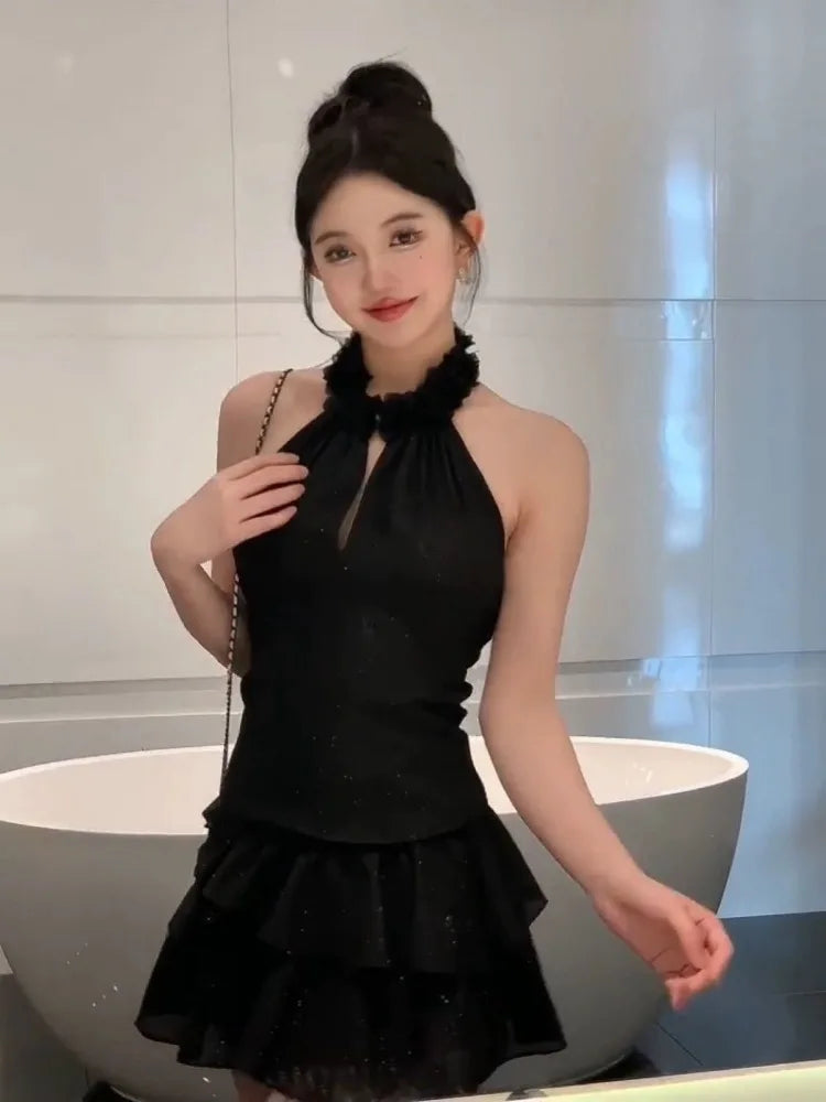 Ezgaga Sexy Two Piece Sets Women Tank Tops Ruffles Hollow Out Shirts Sweet Mini Skirts Spring Summer Vintage Suits Casual