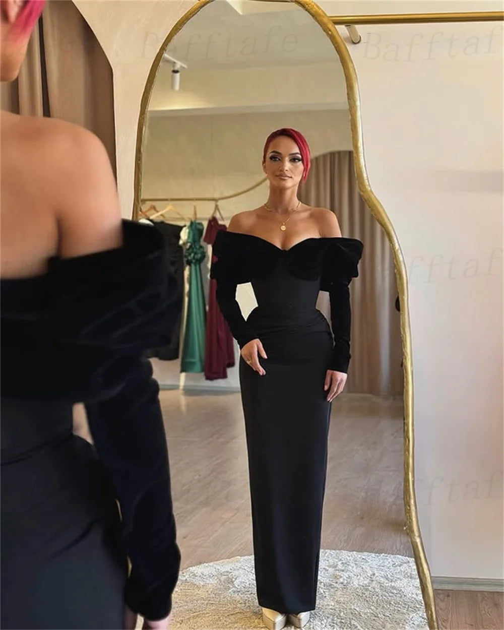 Bafftafe Black Matte Satin Mermaid Prom Dresses Customized Long Sleeves Evening Party Gowns Bridesmaid Special Occasion Women