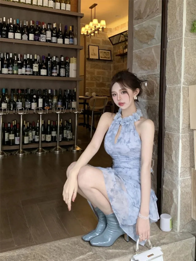Ezgaga Sexy Two Piece Sets Women Tank Tops Ruffles Hollow Out Shirts Sweet Mini Skirts Spring Summer Vintage Suits Casual