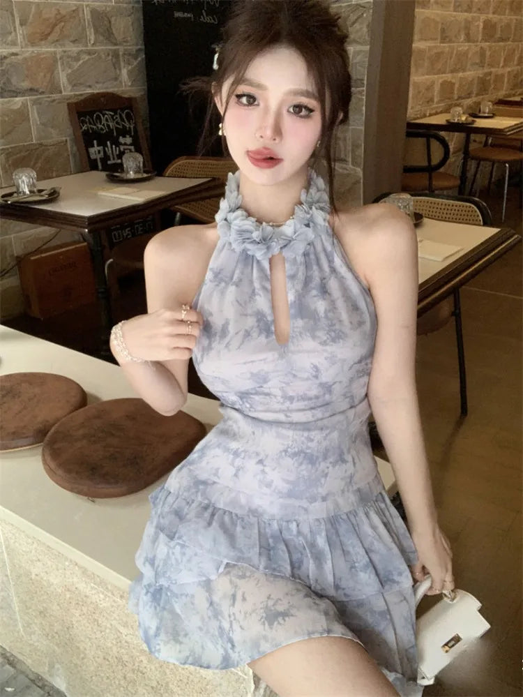 Ezgaga Sexy Two Piece Sets Women Tank Tops Ruffles Hollow Out Shirts Sweet Mini Skirts Spring Summer Vintage Suits Casual