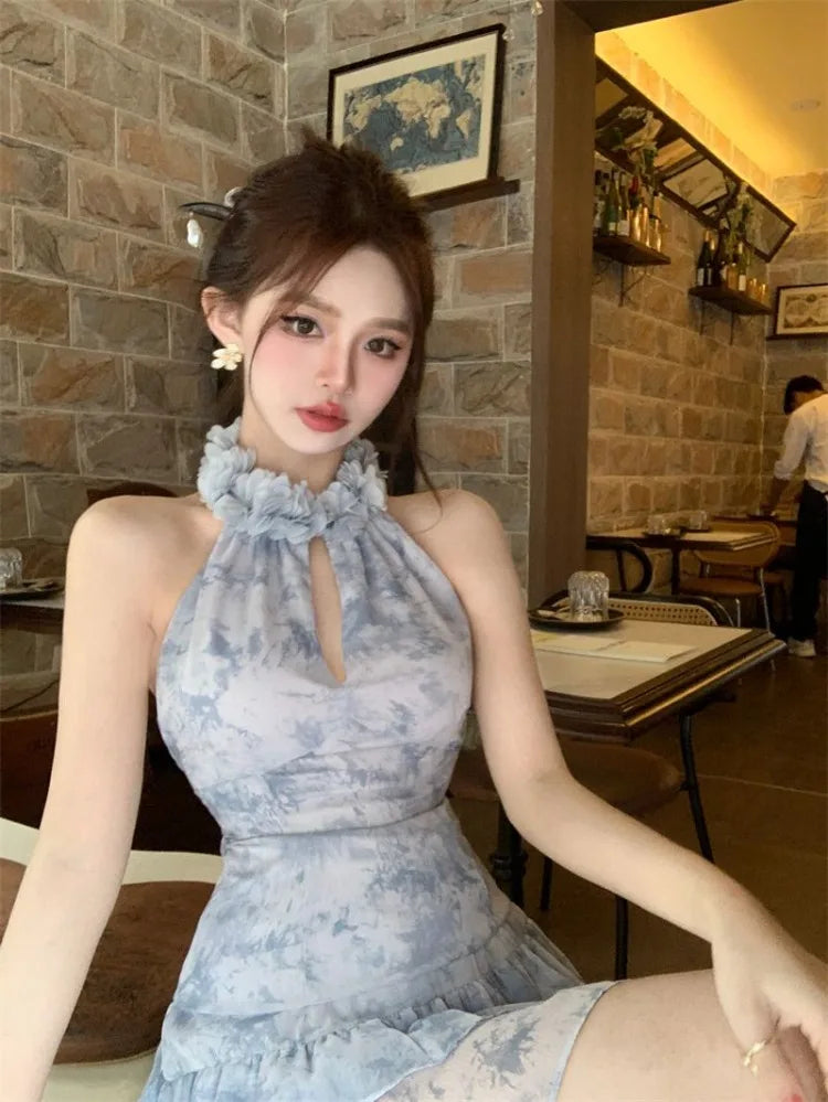 Ezgaga Sexy Two Piece Sets Women Tank Tops Ruffles Hollow Out Shirts Sweet Mini Skirts Spring Summer Vintage Suits Casual