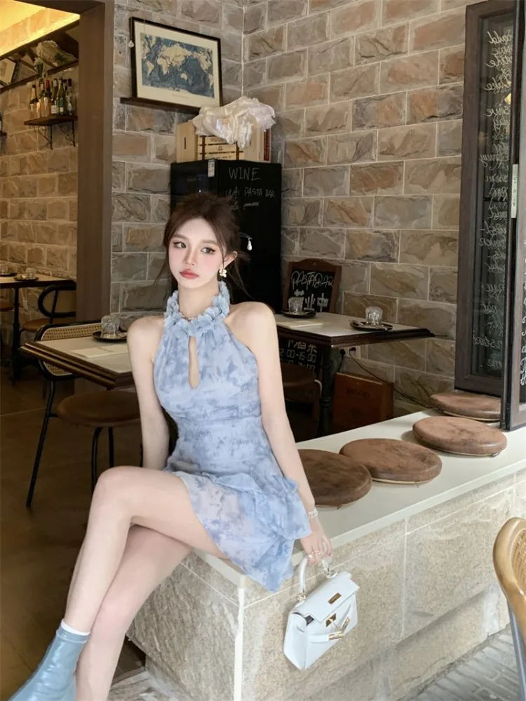 Ezgaga Sexy Two Piece Sets Women Tank Tops Ruffles Hollow Out Shirts Sweet Mini Skirts Spring Summer Vintage Suits Casual